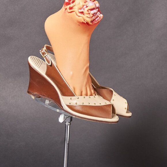 1950s Brown and Beige Studded Peep Toe Wedges Heels - Picture 1 of 8